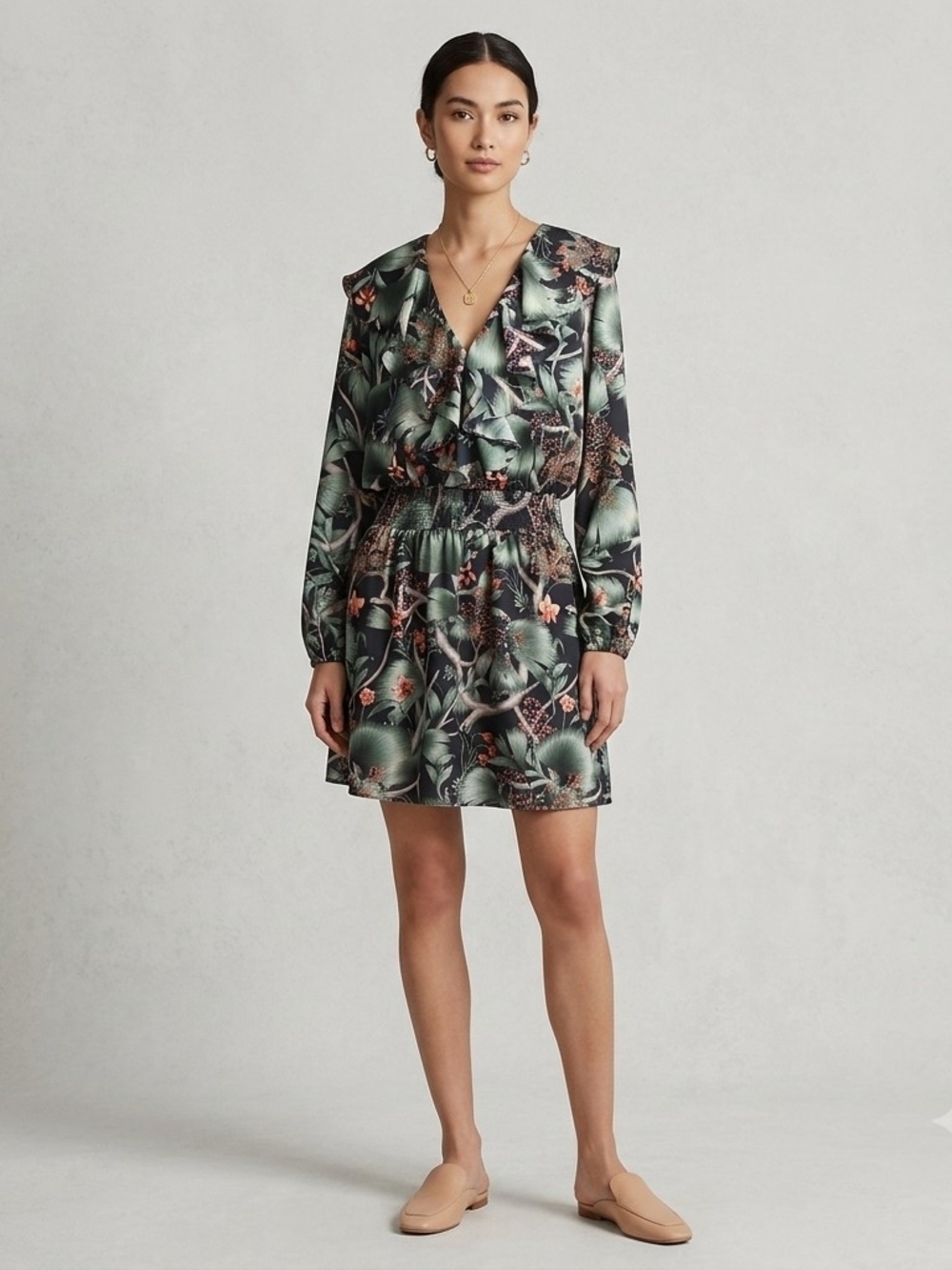 Johanna Ortiz And H&M  Green Botanical Ruffle-Trim Long-Sleeve Dress Size Large